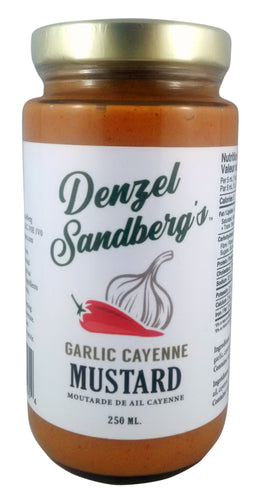 A 250ml jar of Denzel Sandberg's Garlic Cayenne Mustard.