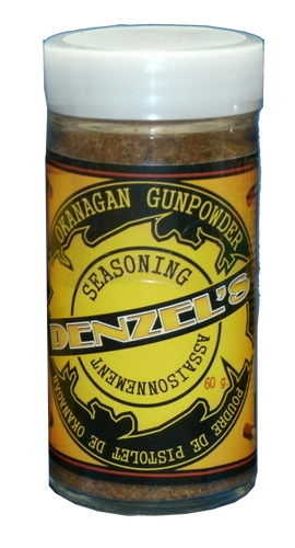 A 60g jar of Denzel's Okanagan Gun Powder Seasoning.