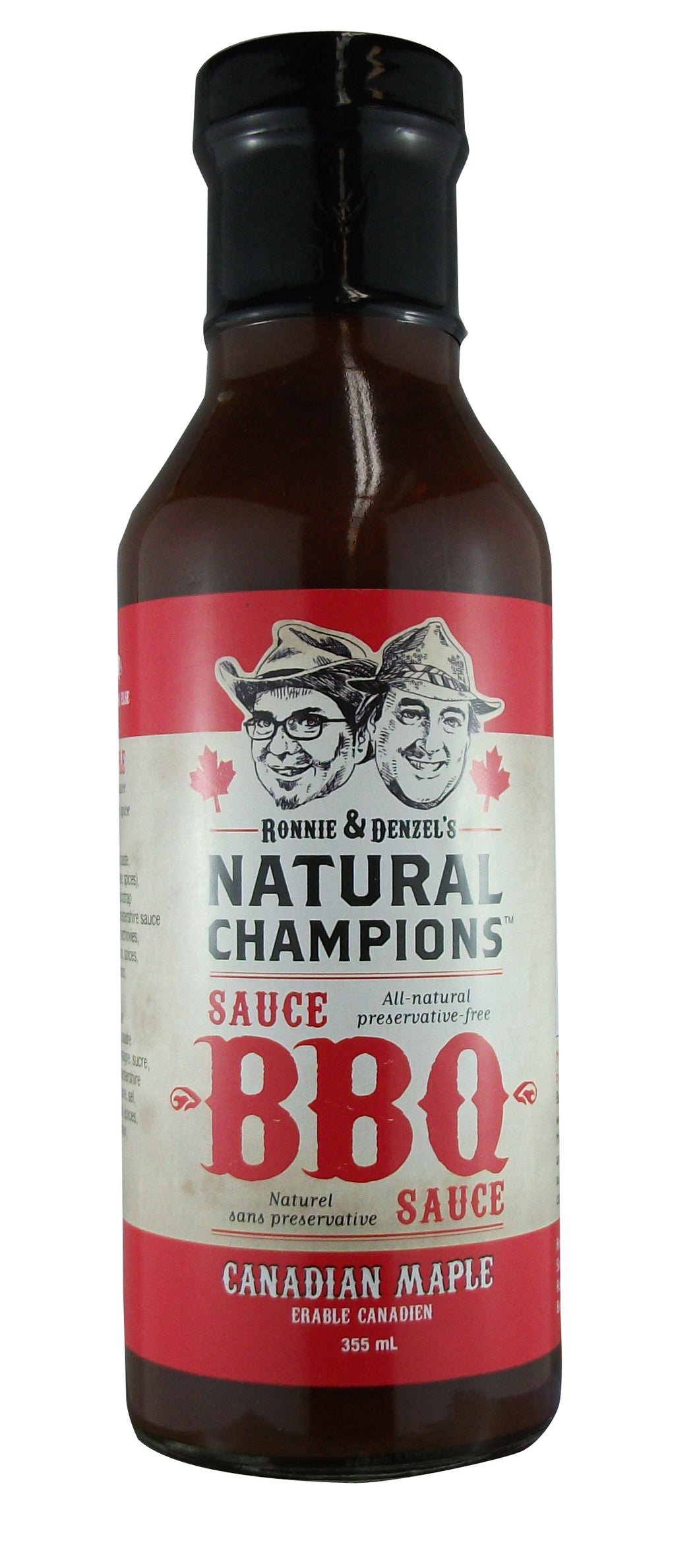 A 355ml bottle of Ronnie and Denzel's Natural Champions Canadian Maple BBQ Sauce.
