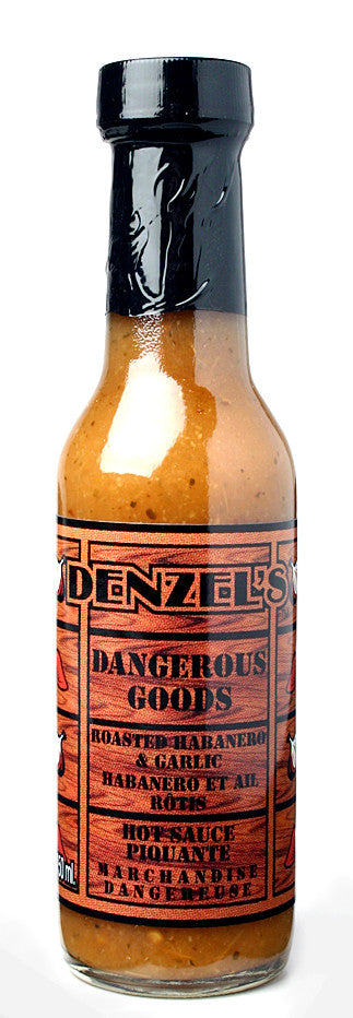 A 150ml bottle of Denzel's Dangerous Goods Roasted Habanero and Garlic Hot Sauce.