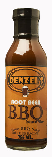 A 355ml bottle of Denzel's Root Beer BBQ Sauce.