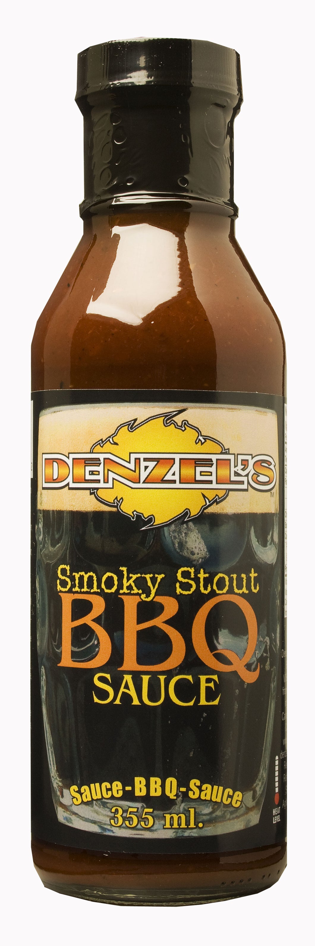 A 355ml bottle of Denzel's Smokey Stout BBQ Sauce.