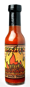 A 150ml bottle of Denzel's Fire Hazard Hot Sauce.