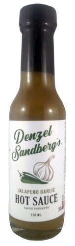 A 150ml bottle of Denzel Sandberg's Jalapeno Garlic Hot Sauce.