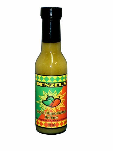 A 150ml bottle of Denzel's Gourmet Jalapeno Habanero Hot Sauce.