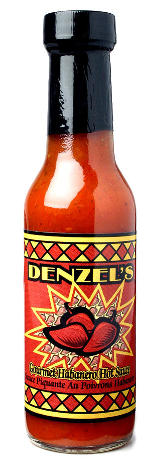 A 150ml bottle of Denzel S's Gourmet Habanero Hot Sauce.