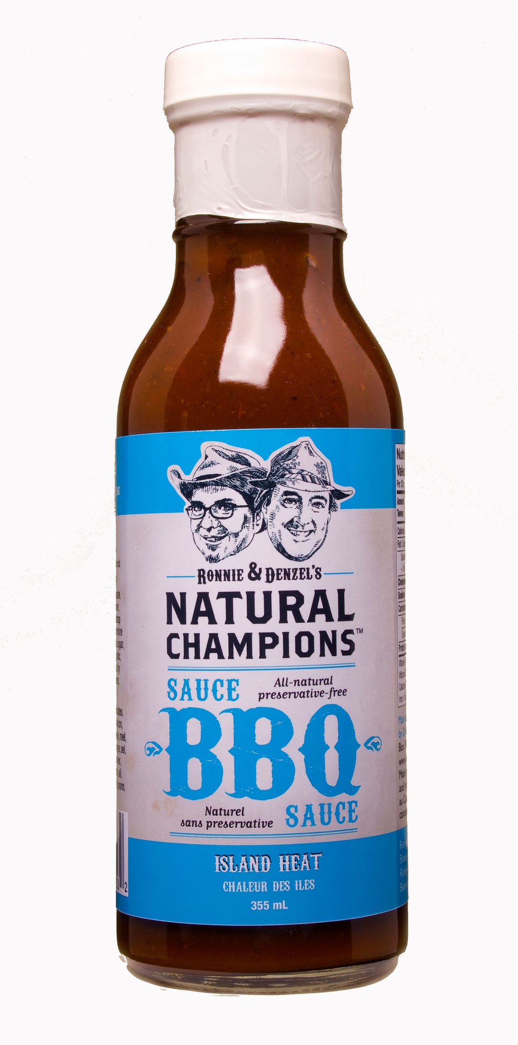 A 355ml bottle of Ronnie and Denzel's Natural Champions Island Heat BBQ Sauce.