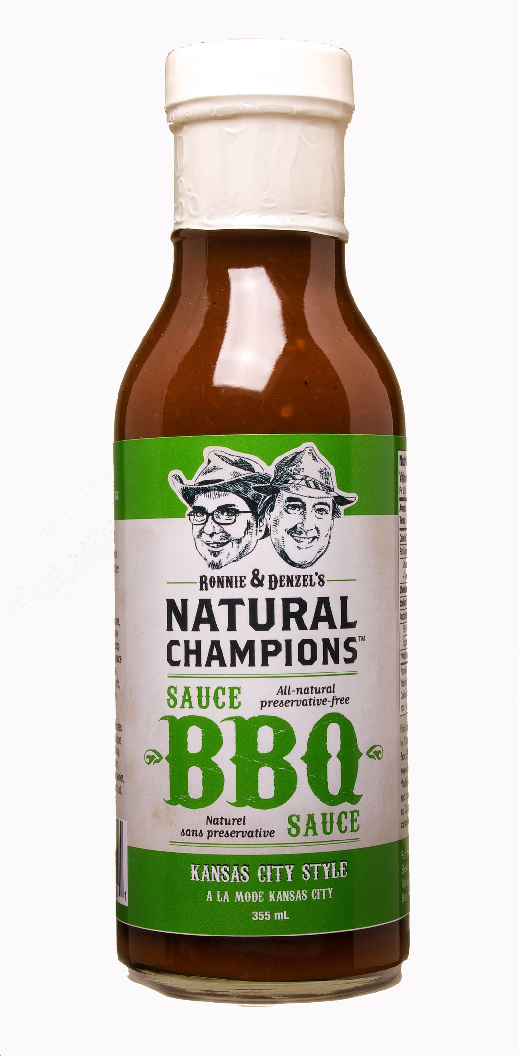 A 355ml bottle of Ronnie and Denzel's Natural Champions Kansas City Style BBQ Sauce.