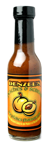 A 150ml bottle of Denzel's Peaches and Scream Hot Sauce. Seasonal only.