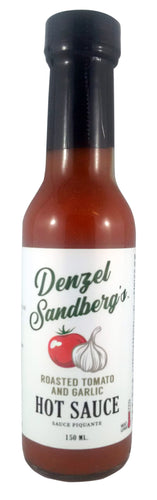 A 150ml bottle of Denzel Sandberg's Roasted Tomato and Garlic Hot Sauce.