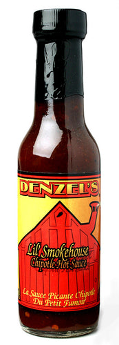 A 150ml bottle of Denzel's Lil' Smokehouse Chipotle Hot Sauce.