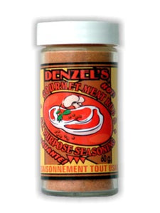 A 60g jar of Denzels's Gourmet Meat Rub and All Purpose Hot Seasoning.