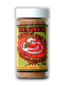 A 60g jar of Denzels's Gourmet Meat Rub and All Purpose Seasoning.