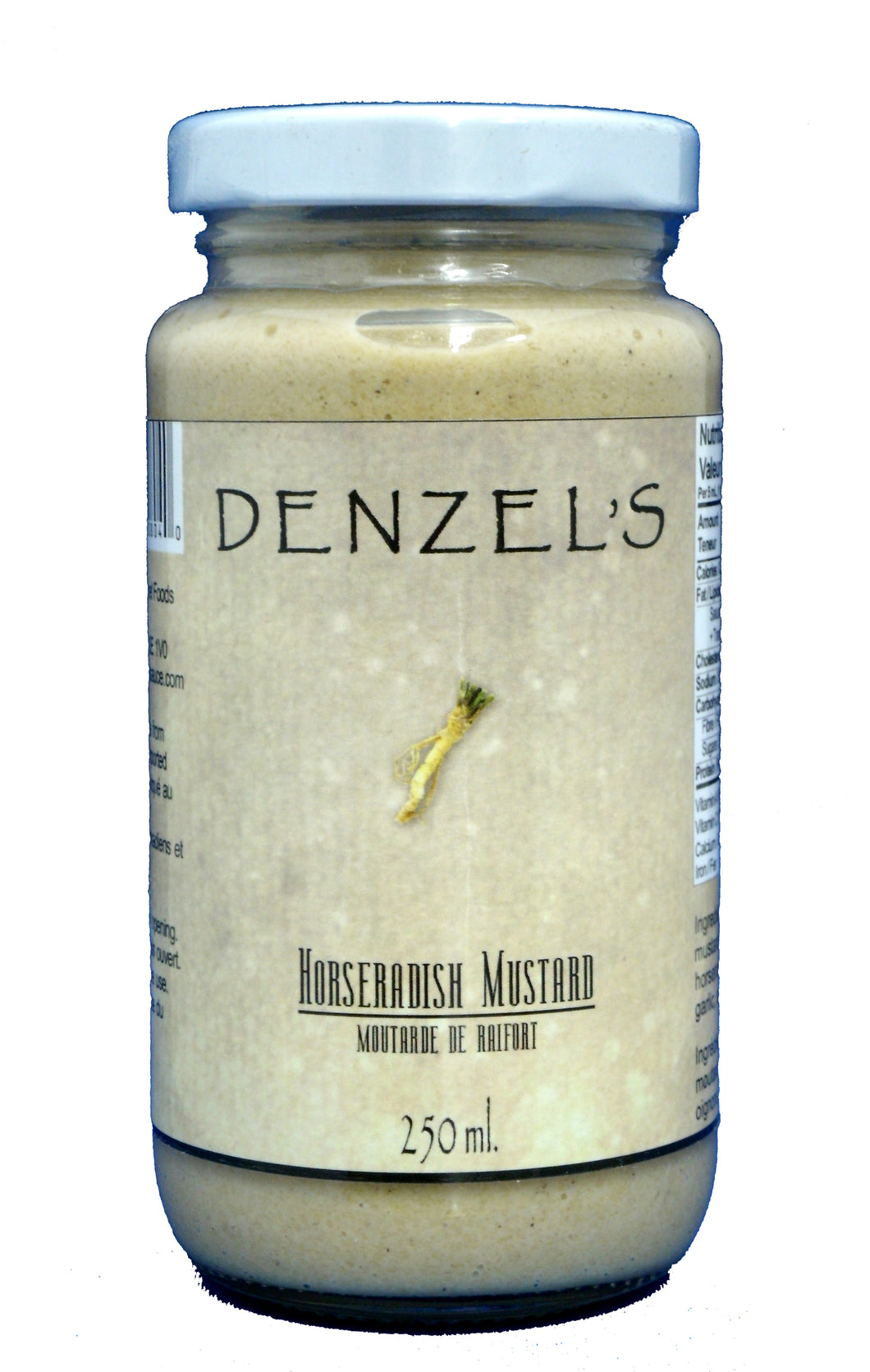 A 250ml jar of Denzel's Horseradish Mustard.