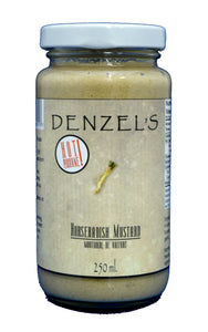 A 250ml jar of Denzel's Hot Horseradish Mustard.
