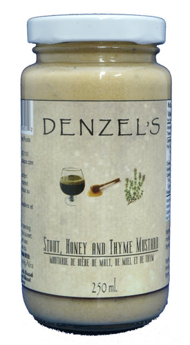 A 250ml jar of Denzel's Stout, Honey and Thyme Mustard.