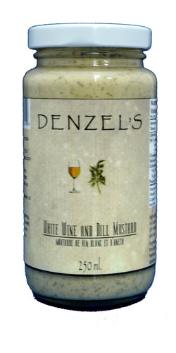 A 250ml jar of Denzel's White Wine and Dill Mustard.