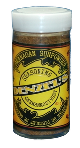 A 60g jar of Denzel's Okanagan Gun Powder Seasoning.